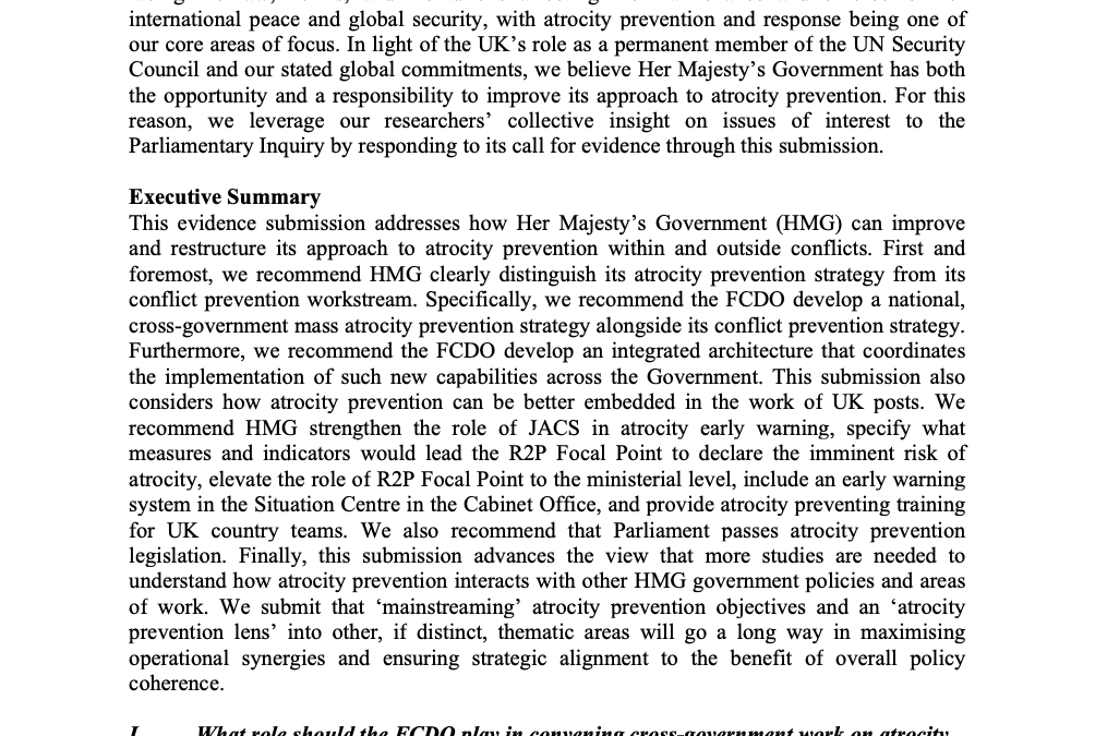 Written Evidence by IPS Published: Improving HMG’s Posture and Approach to Atrocity Prevention