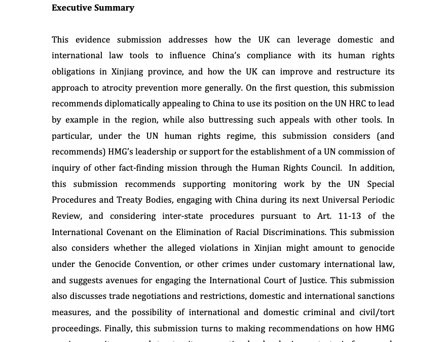 Written Evidence Submission to the UK Parliamentary Inquiry on Xinjiang