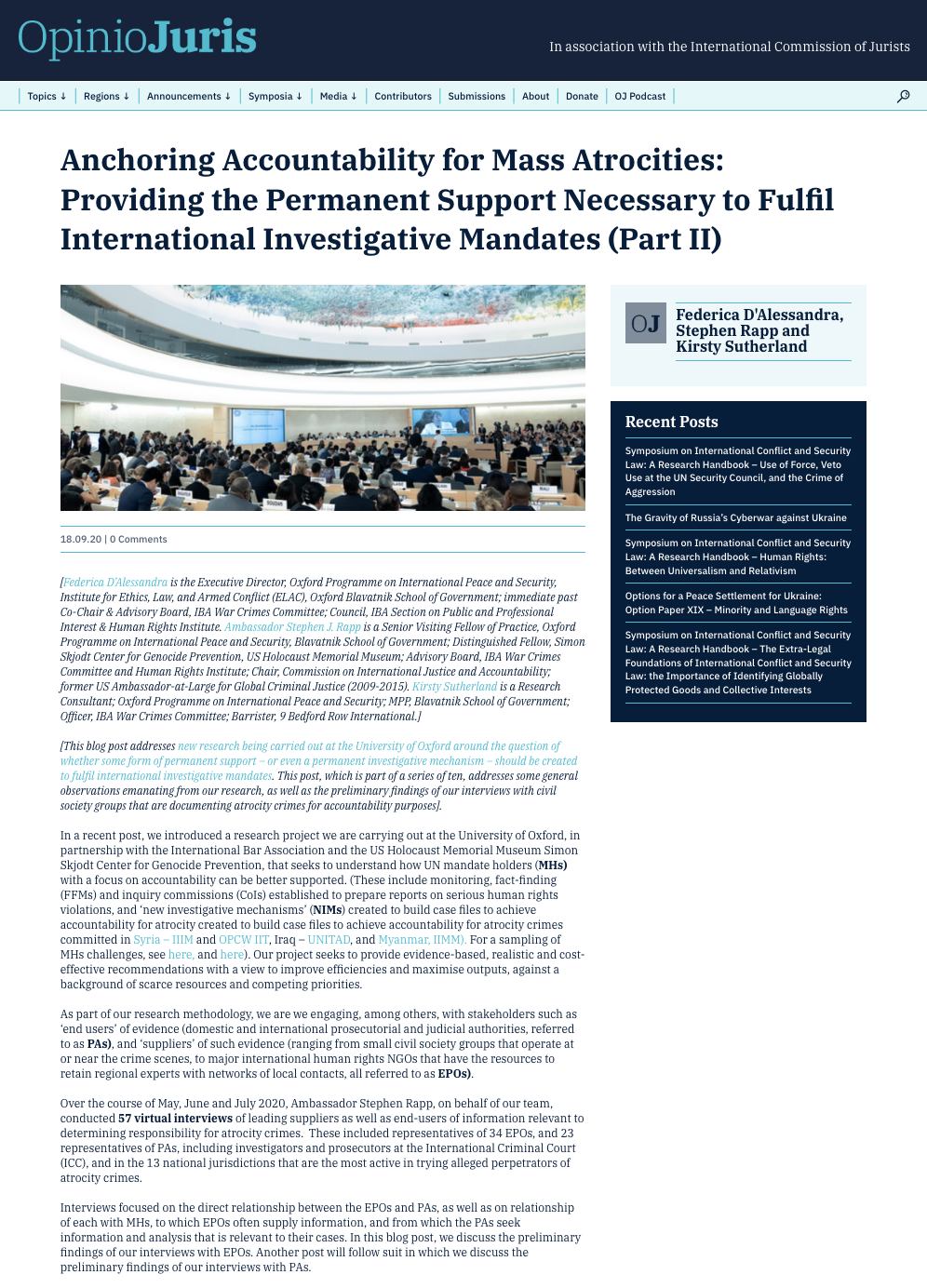 Anchoring Accountability for Mass Atrocities: Providing the Permanent Support Necessary to Fulfil International Investigative Mandates (Part II)