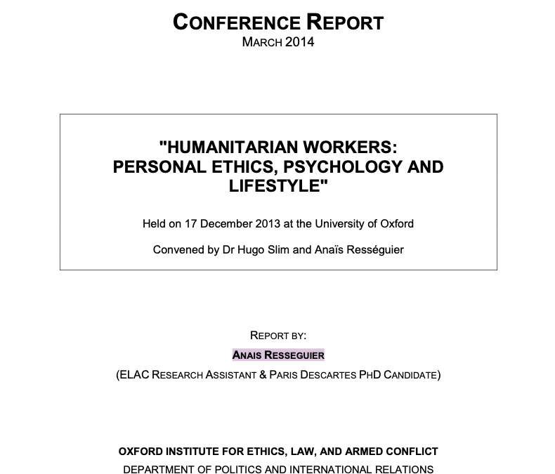 Humanitarian Workers: Personal Ethics Psychology and Lifestyle