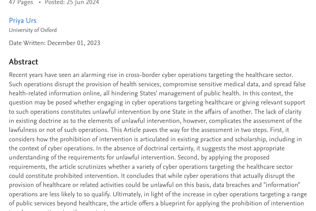 Cross-Border Cyber Operations Targeting Healthcare as Unlawful Intervention in the Affairs of States