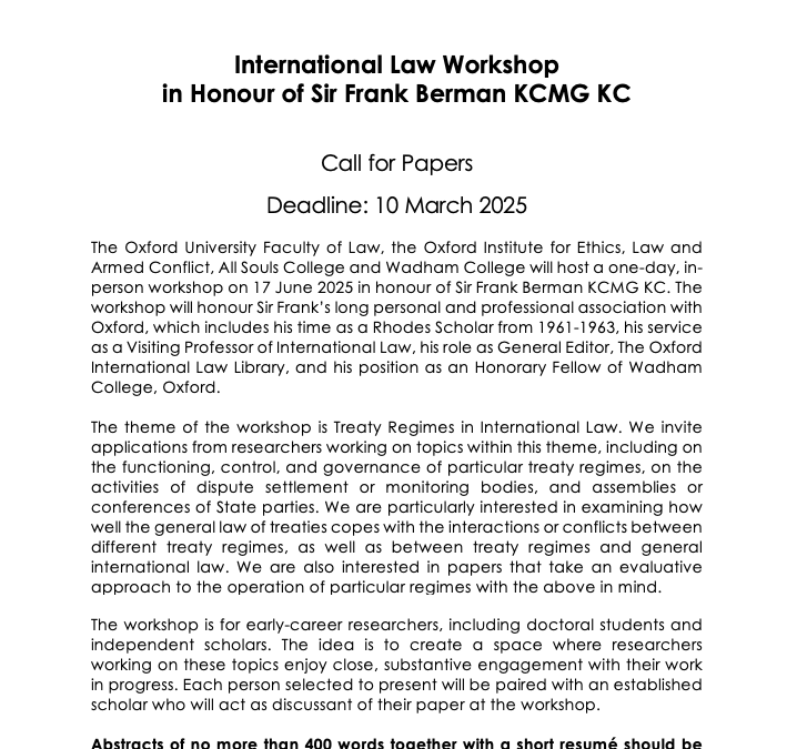 Call for Papers: International Law Workshop  in Honour of Sir Frank Berman KCMG KC
