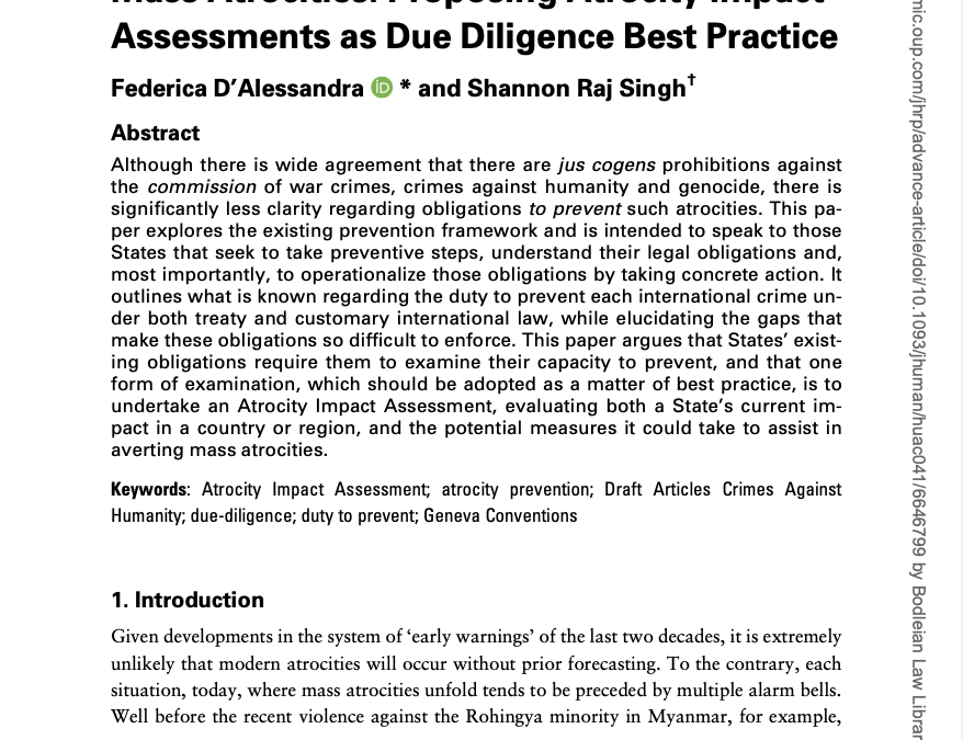 Operationalizing Obligations to Prevent Mass Atrocities: Proposing Atrocity Impact Assessments as Due Diligence Best Practice