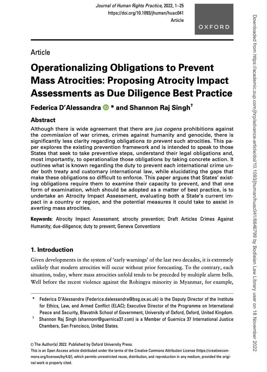 Federica D’Alessandra and Shannon Raj Singh, ‘Operationalizing Obligations to Prevent Mass Atrocities’