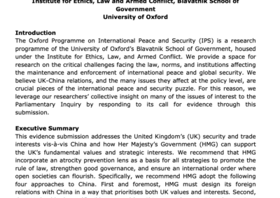 D’Alessandra, Wu, Nielson and Sutherland, ‘Written Evidence Submission to UK Parliamentary Inquiry on UK Trade and Security Relationship with China’