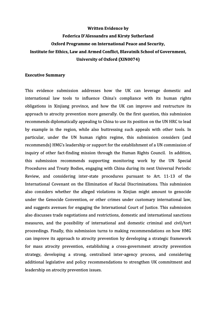 D’Alessandra and Sutherland, ‘Written Evidence Submission to the UK Parliamentary Inquiry on Xinjiang’