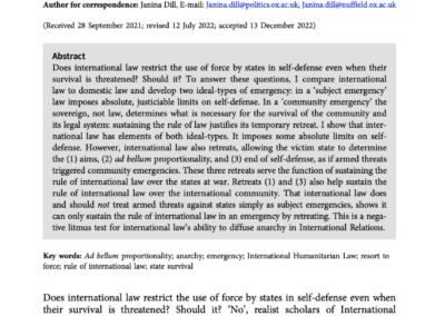 New Article: ‘Threats to State Survival as Emergencies in International Law’