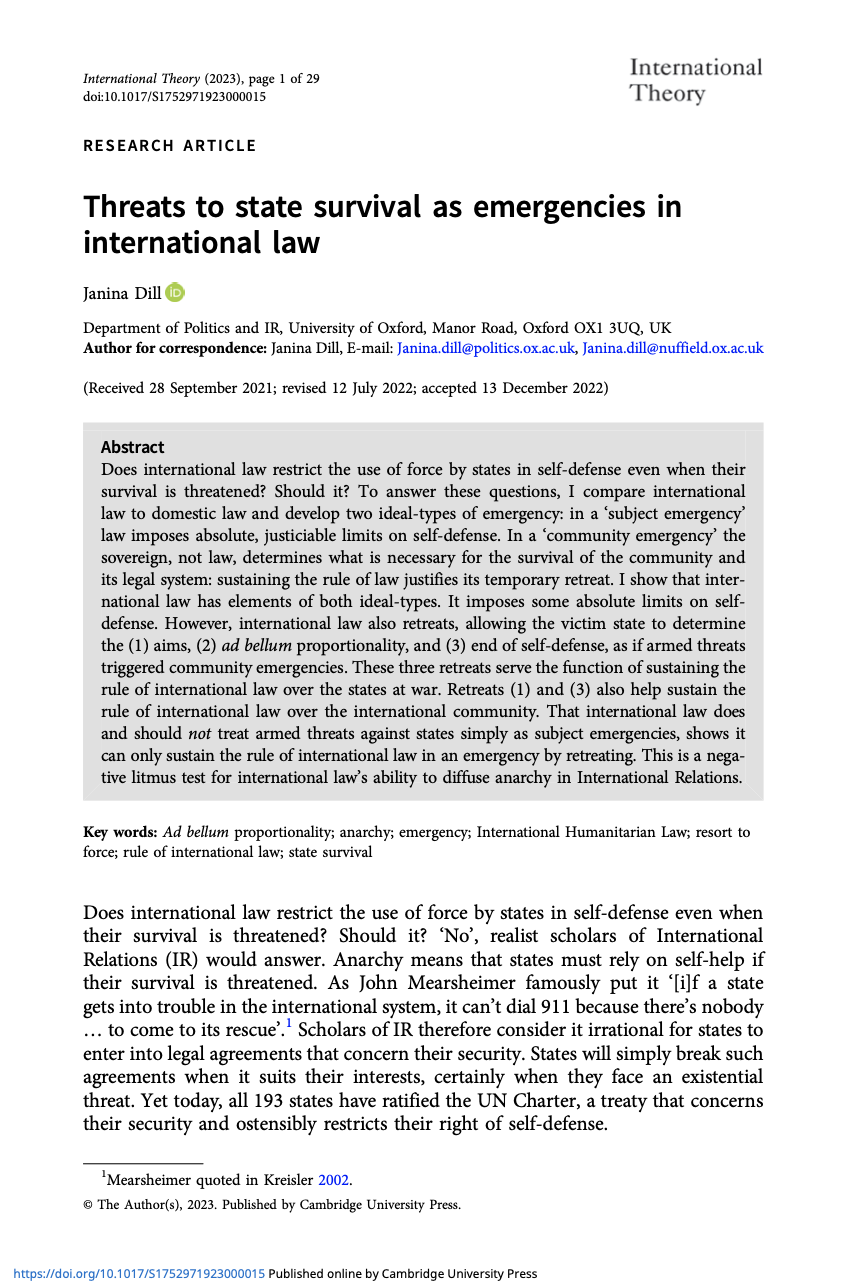 Janina Dill Publishes Article: ‘Threats to State Survival as Emergencies in International Law’