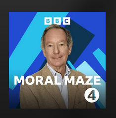 Image of BBC Moral Maze presenter on multicoloured background.